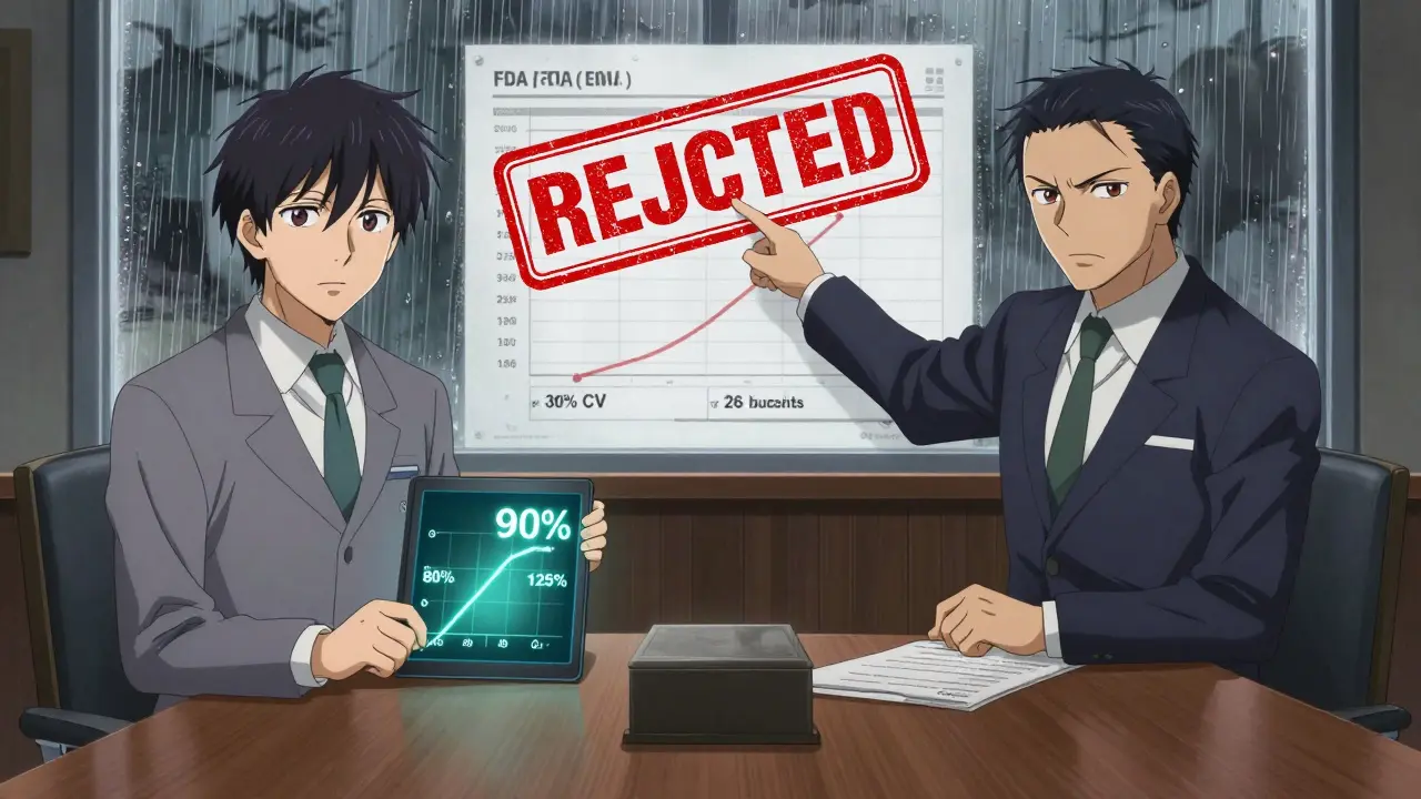 A regulatory review scene with a glowing confidence interval clashing against a red rejection stamp on a sample size spreadsheet.