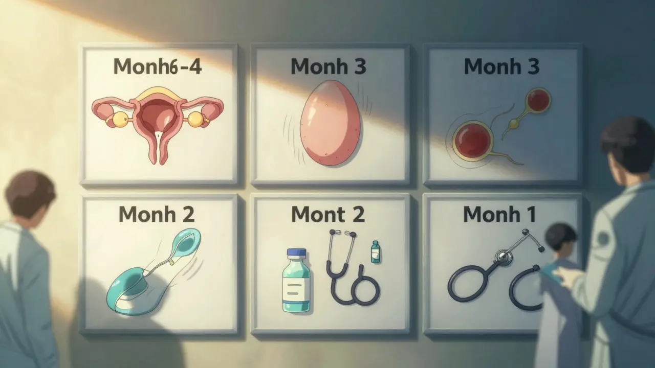 A timeline mural on a hospital wall illustrating the six-month preconception plan for immunosuppressant users.