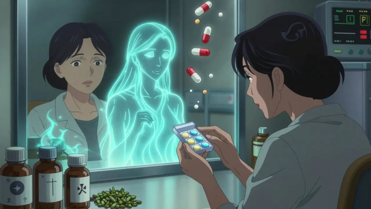 A woman's split reflection showing the dangerous effects of St. John’s wort mixing with antidepressants.