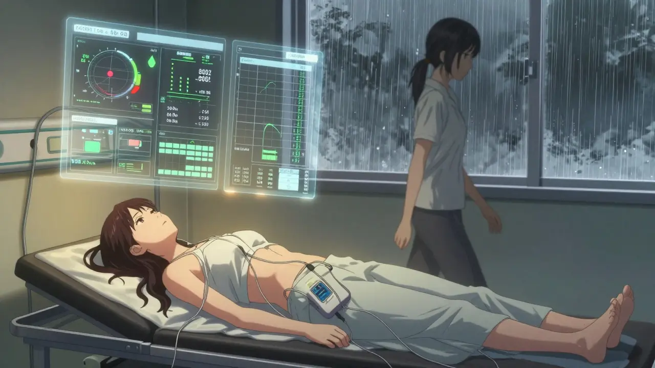 A woman undergoing a spinal stimulation trial, walking slowly with leads taped to her back and digital pain metrics floating nearby.