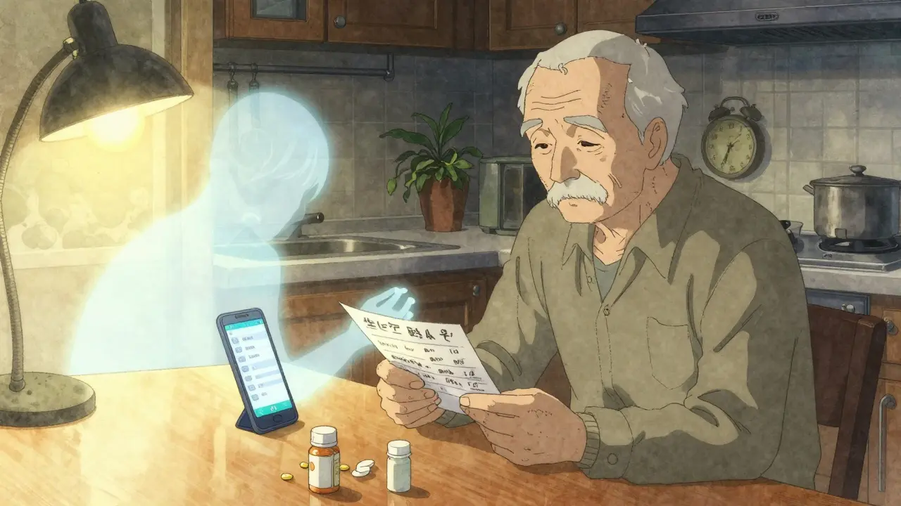 An elderly man reviewing his medication list at home, with a ghostly image of his younger self reaching for pills.