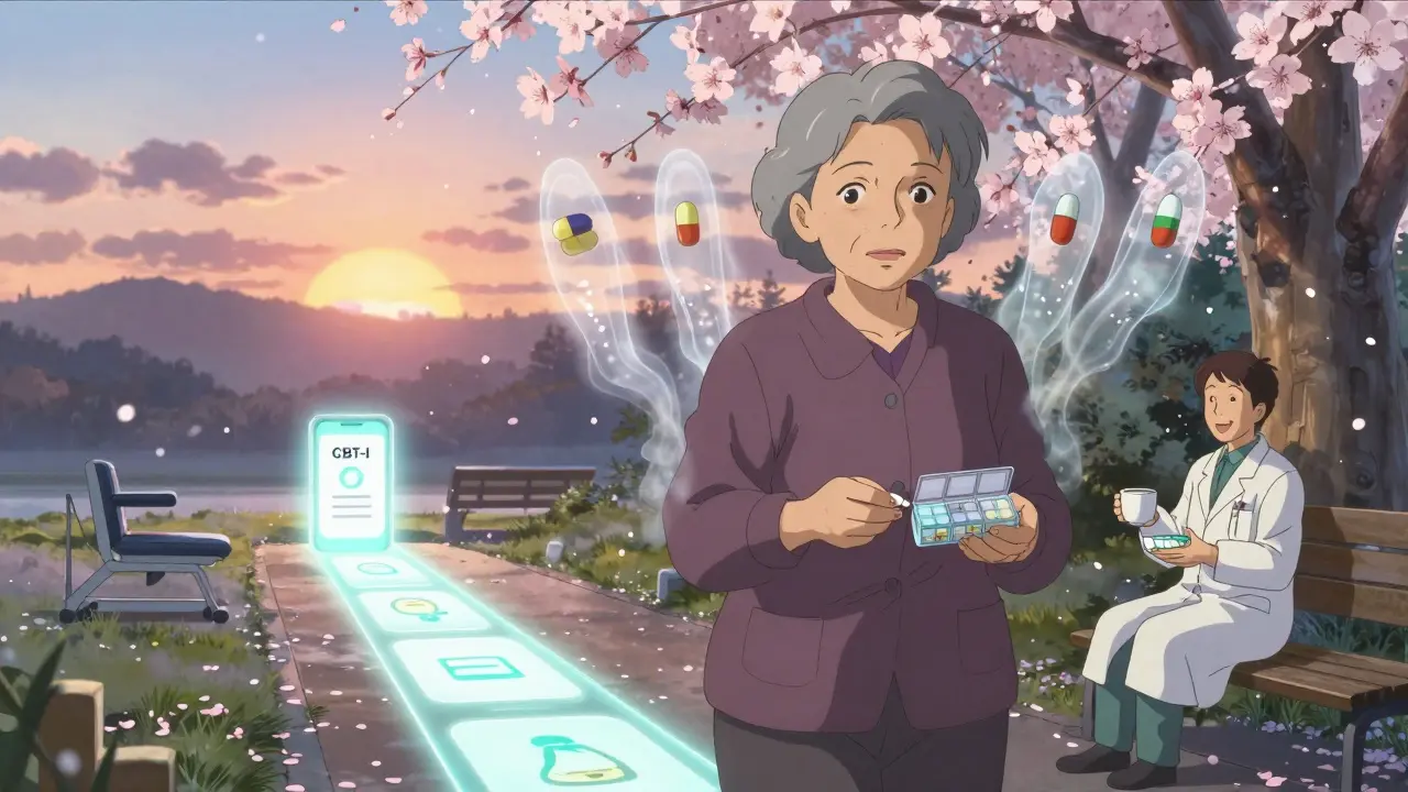 An older woman walking in a park as harmful medications dissolve behind her, replaced by healthy alternatives.