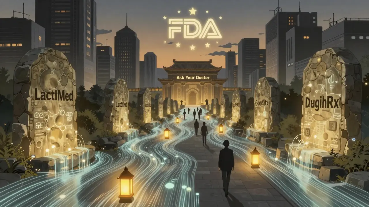 Digital landscape with trusted drug databases as glowing tablets guiding people toward a temple labeled 'Ask Your Doctor'.