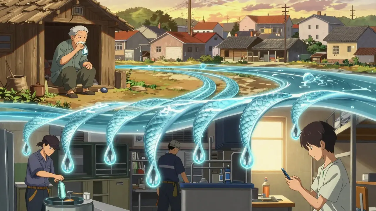 Global scenes of people drinking water before meals, connected by flowing water paths.