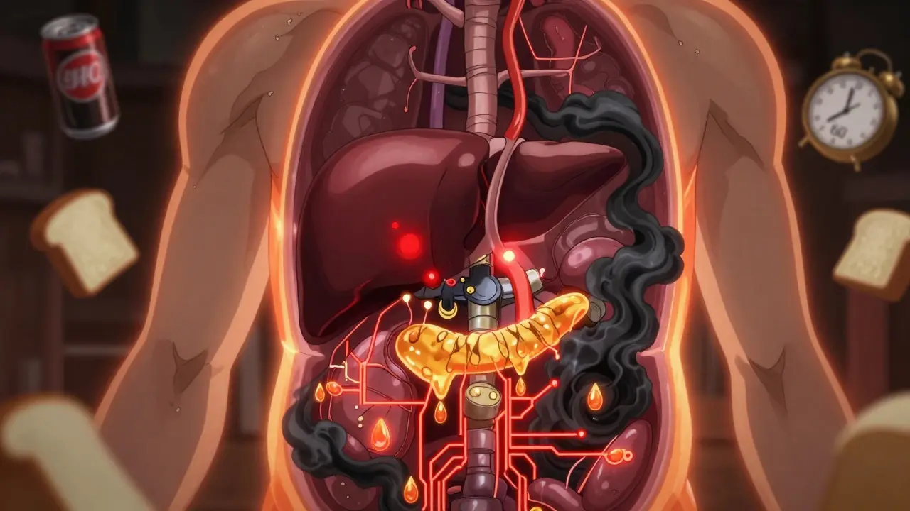 Internal view of liver and pancreas overwhelmed by fat smoke and failing insulin pathways.