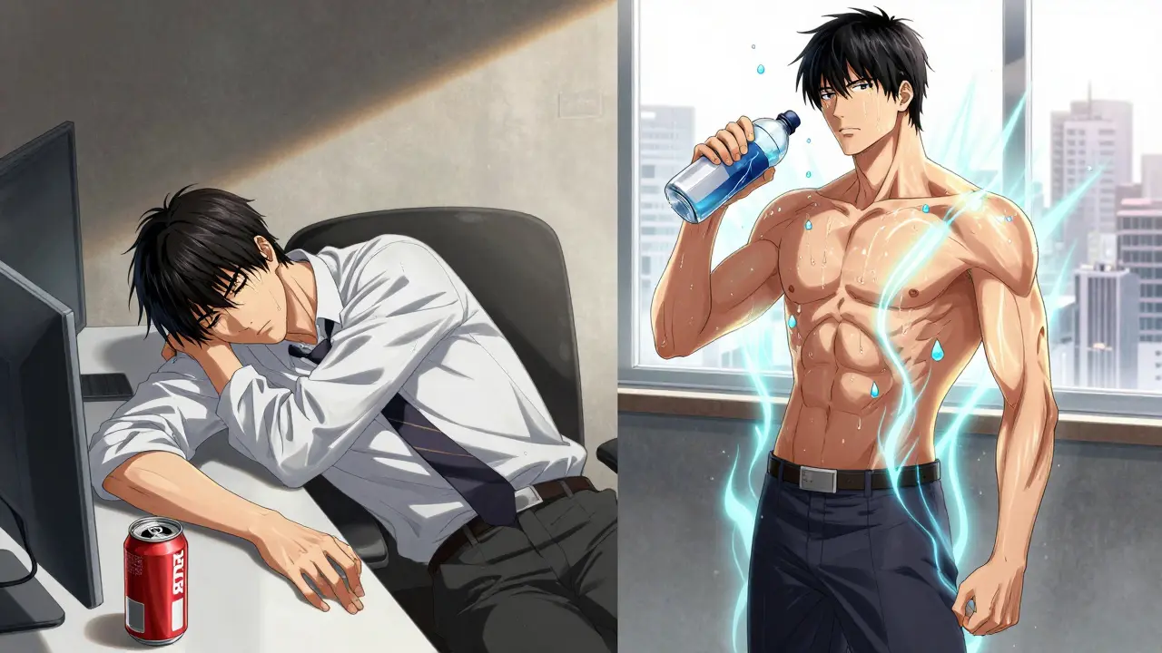 Office worker transformed by hydration, energy radiating as fat breaks down.