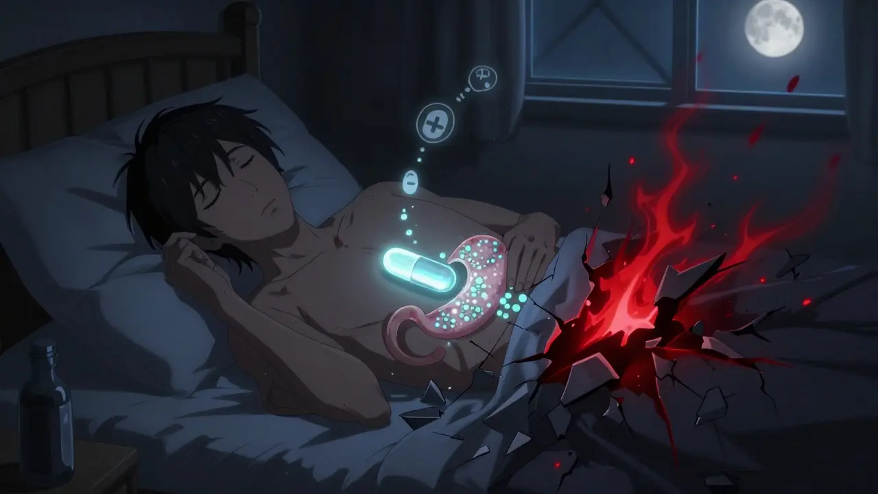 Patient at night with ER tablet dissolving in stomach, alcohol causing dangerous surge, medical icons floating around bed.