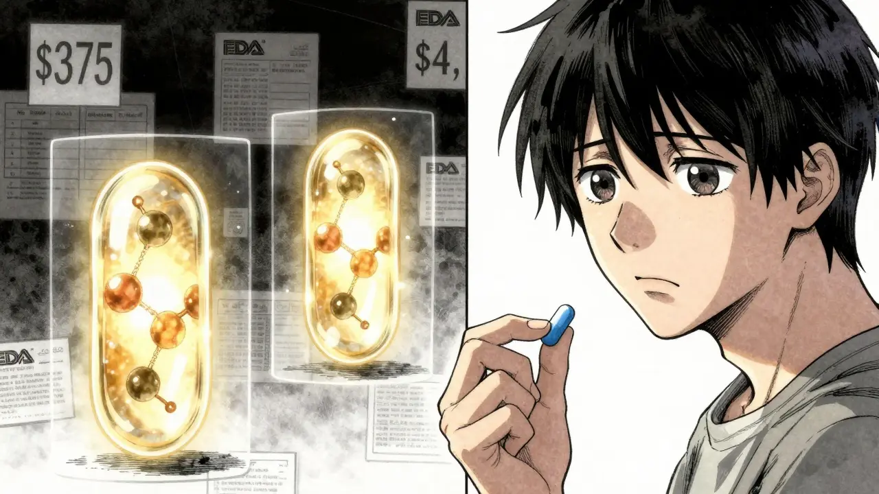 Patient holding different-colored pills as glowing identical molecules appear inside each pill.