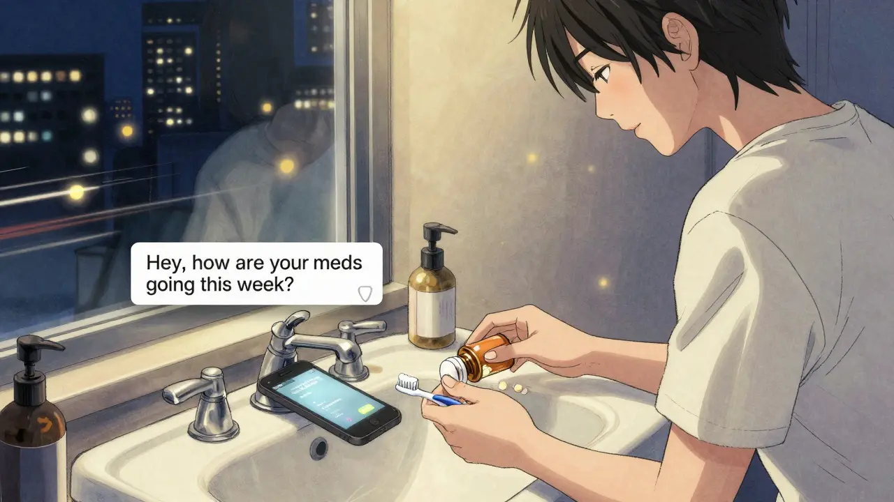 Person placing pill bottle next to toothbrush at night, with a supportive text message glowing on a nearby phone.