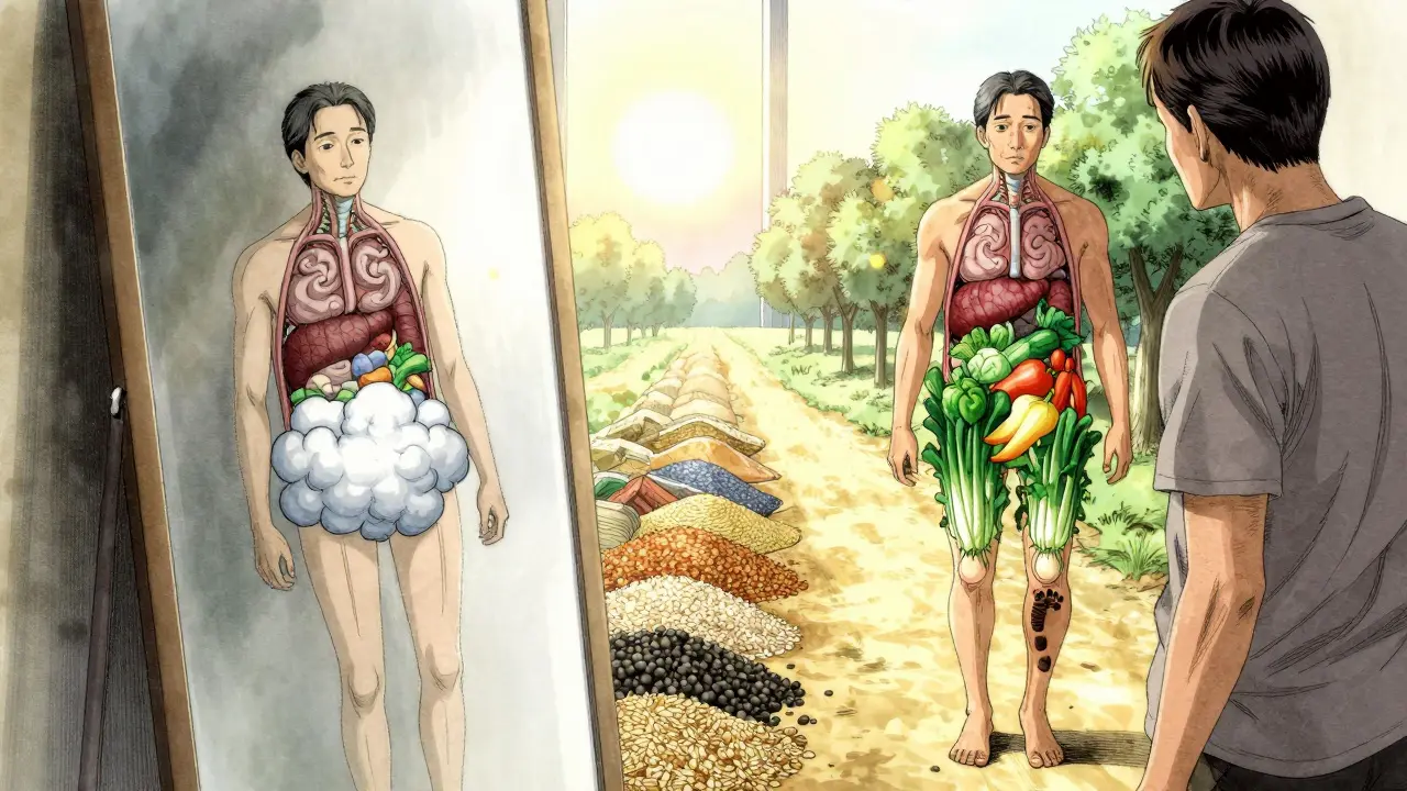 Person seeing split reflection: one side with hidden internal fat, the other with healthy lifestyle symbols.