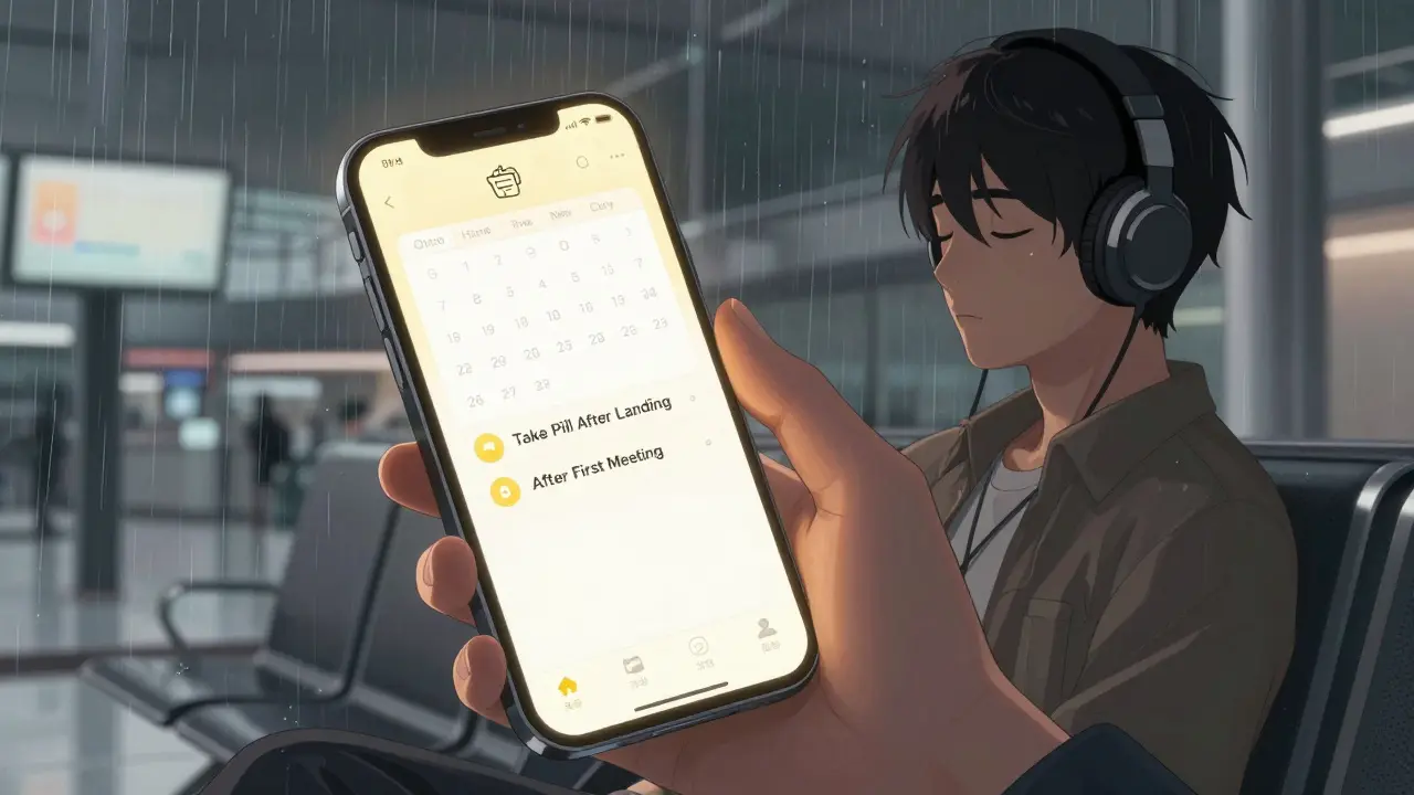 Person using a transition-focused medication app on their phone in an airport, with prompts tied to events, not times.