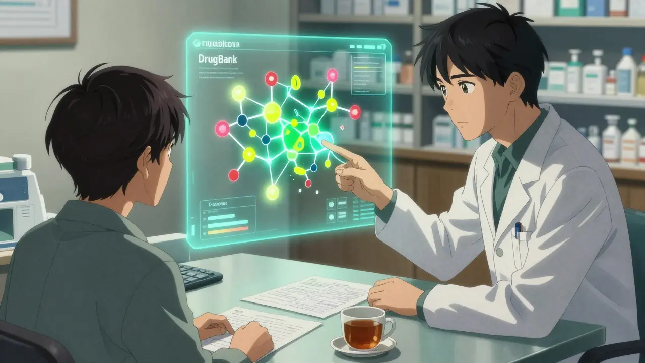 Pharmacist and patient studying a glowing molecular interaction map with color-coded risk levels, medical table in background.