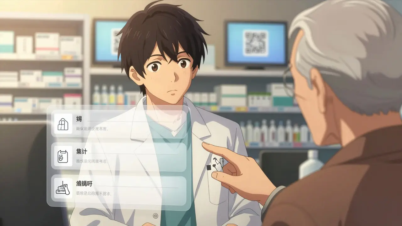 Pharmacist explaining prescription label sections to an elderly patient with visual guide overlays.