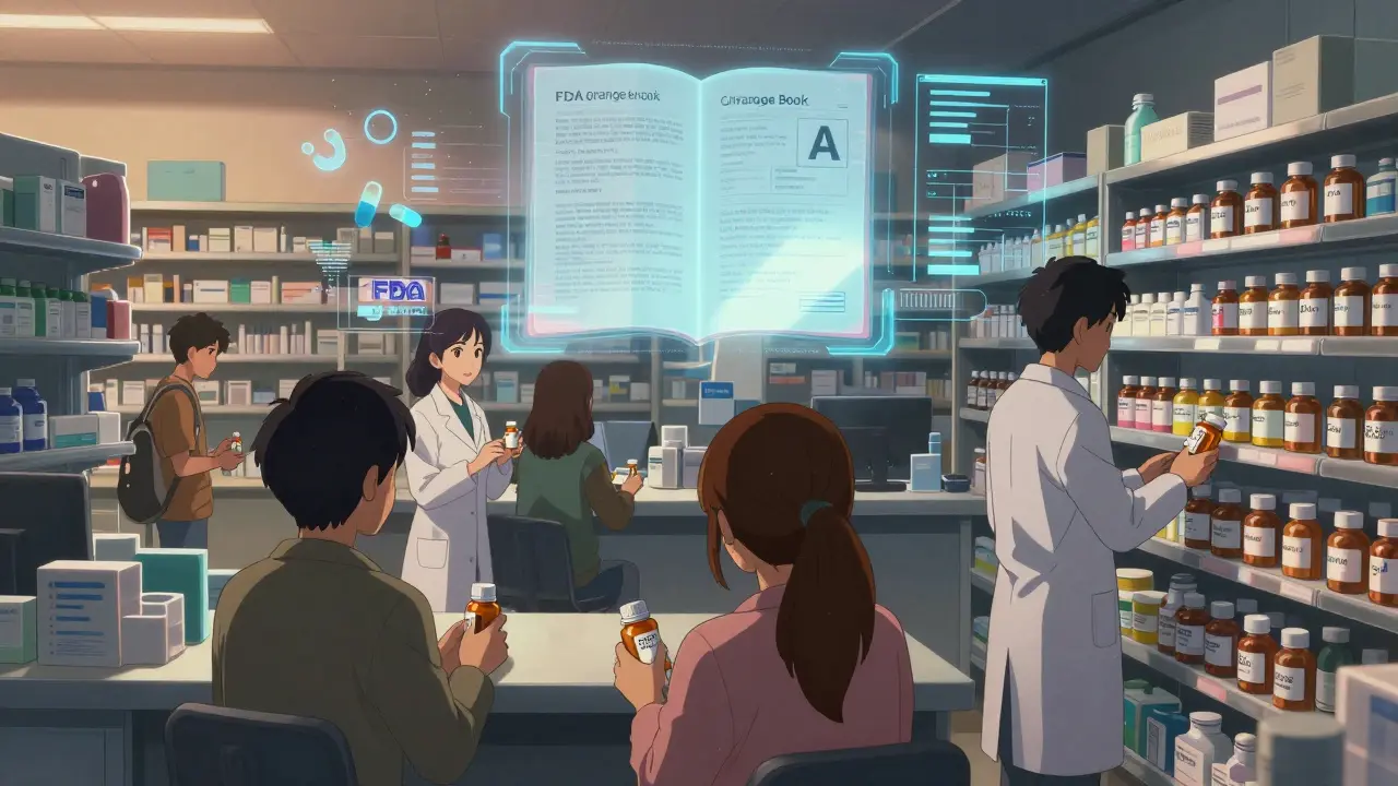 Pharmacy scene with pharmacists dispensing generics, brand-name drugs fading into dust behind them.