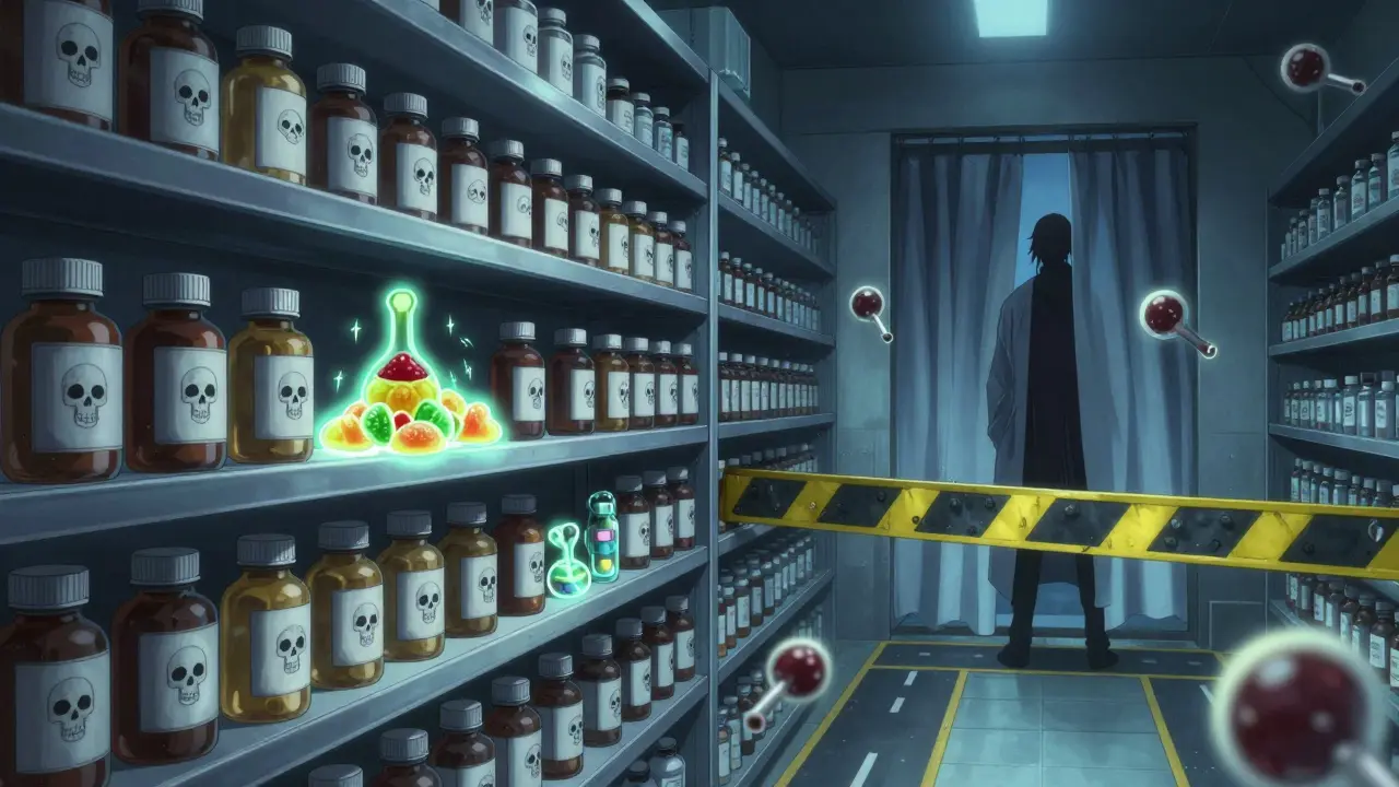 Pharmacy shelf with dangerous cannabis interactions symbolized by glowing oils and skull-labeled meds under cold blue light.