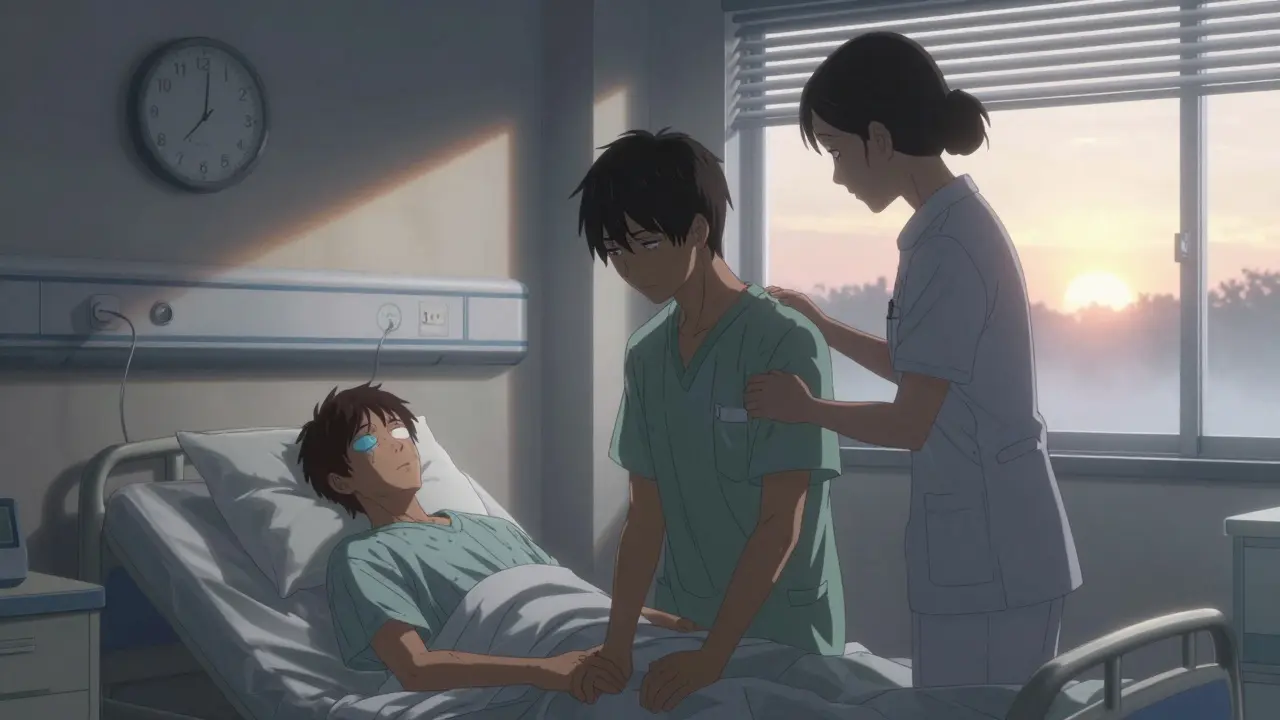 Recovering patient standing with nurse's support in hospital ward at dawn, signs of lingering sedation.