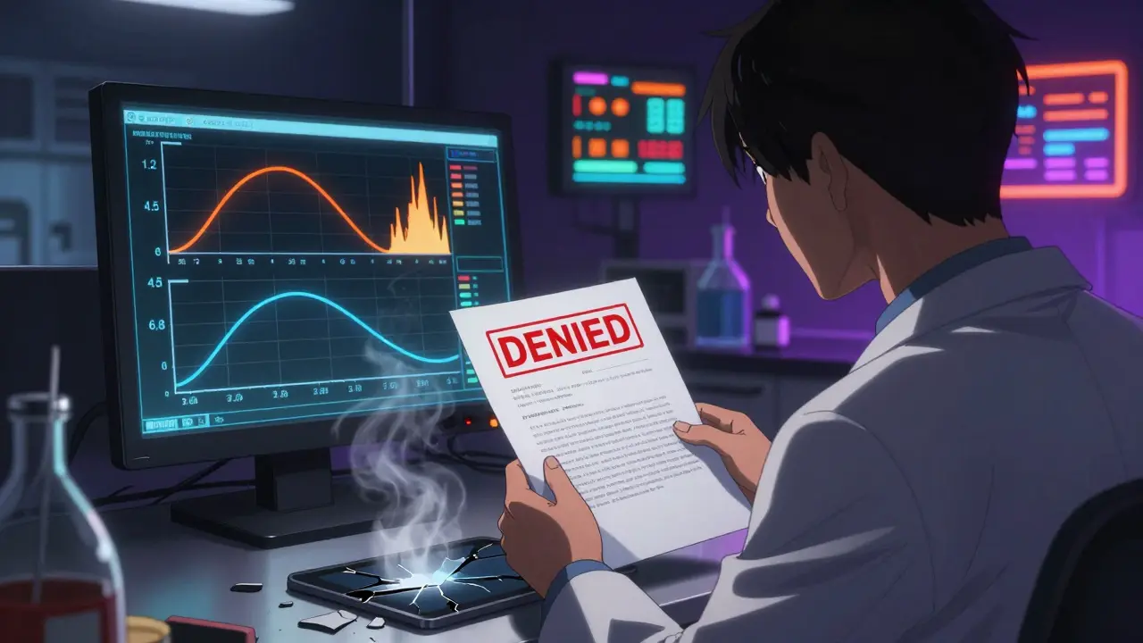 Scientist monitoring pH dissolution curves in a lab, one profile failing, corporate rejection form in foreground.