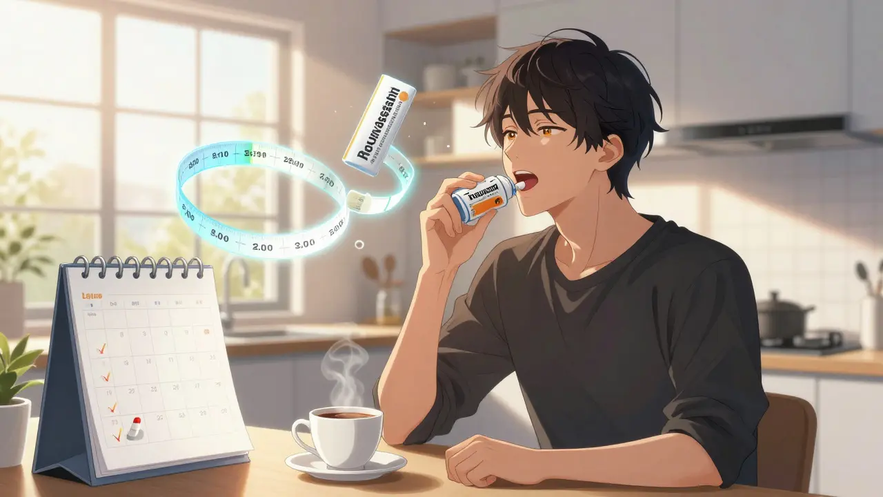 Someone taking rosuvastatin in the morning with sunlight and long-lasting drug half-life visualized as glowing ribbons.