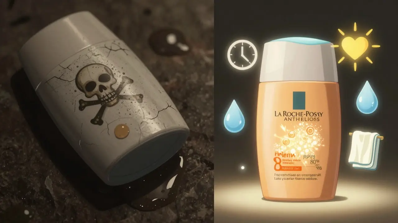 Split panel: expired sunscreen with danger symbols vs. fresh mineral sunscreen emitting protective energy.