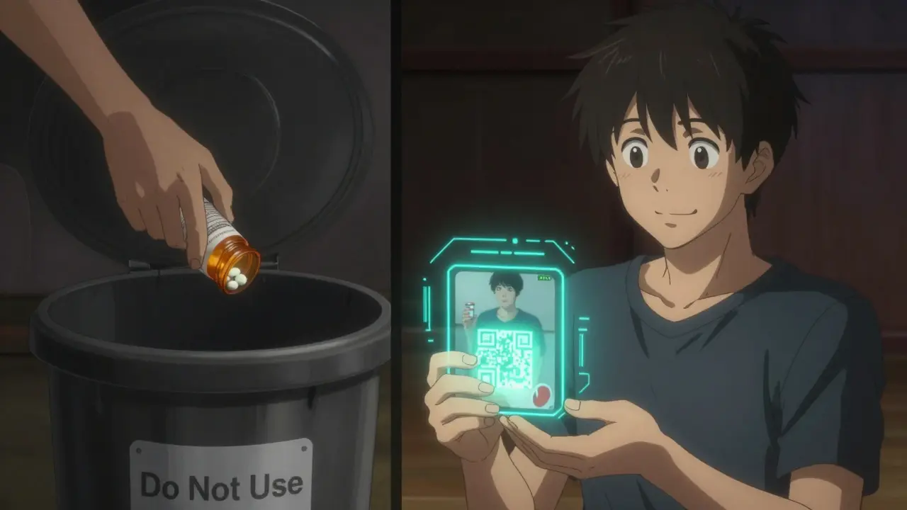 Split scene: expired medication being discarded and new prescription with digital instructions.