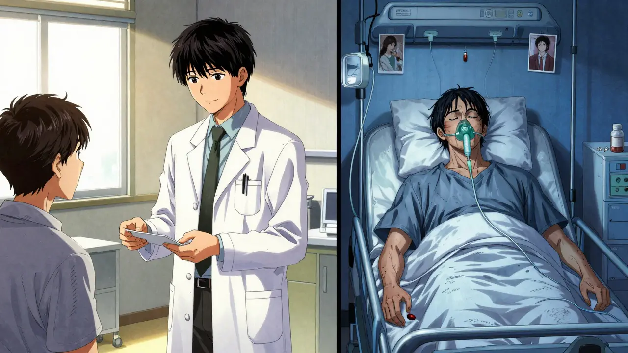 Split scene: pharmacist handing a prescription on one side, same patient in ICU on the other, symbolizing the hidden danger of drug combination.