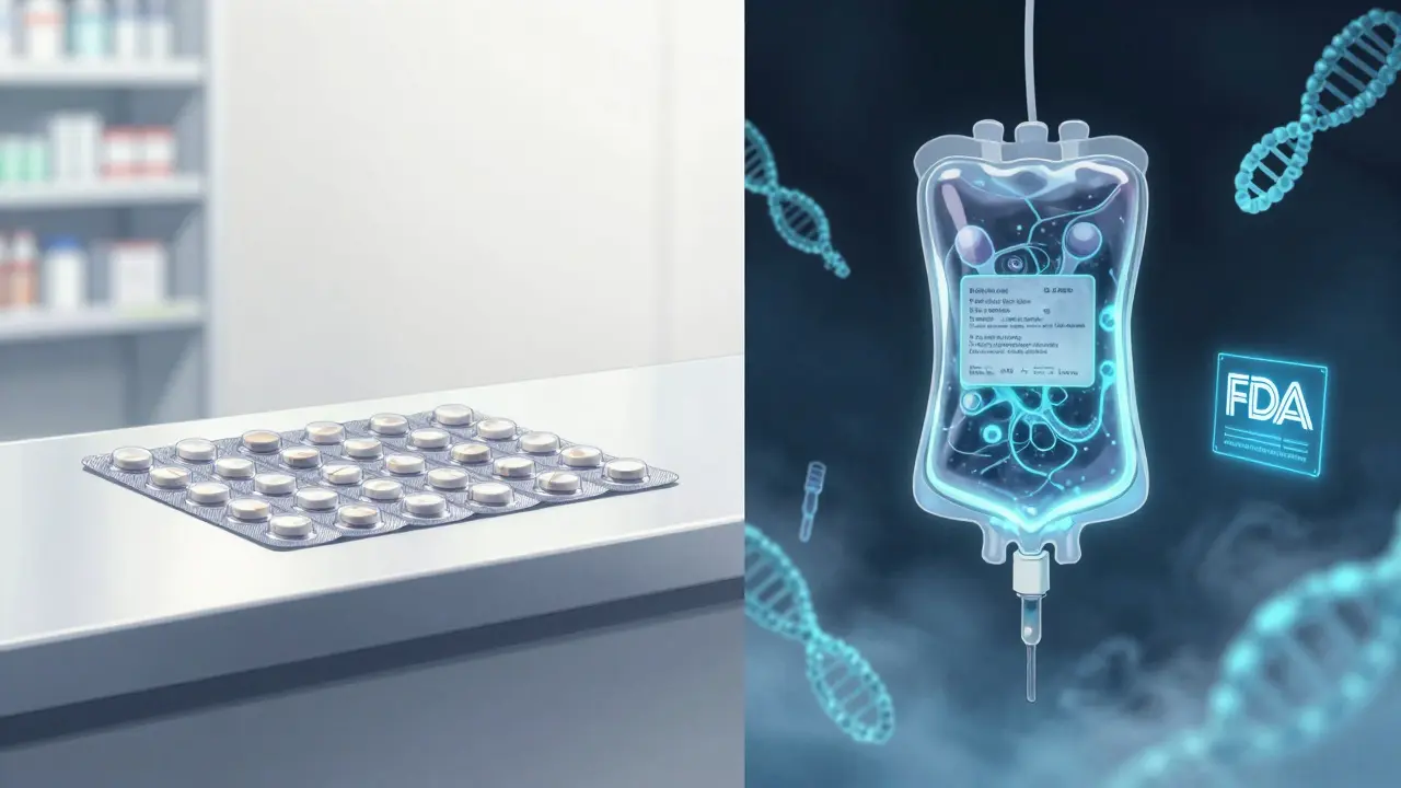 Split scene showing simple generic pills beside complex biologic infusion with floating protein structures.