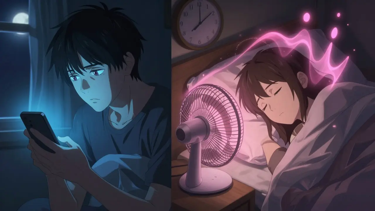 Split scene showing someone stressed by blue light on the left, and peacefully sleeping with a sound machine on the right.