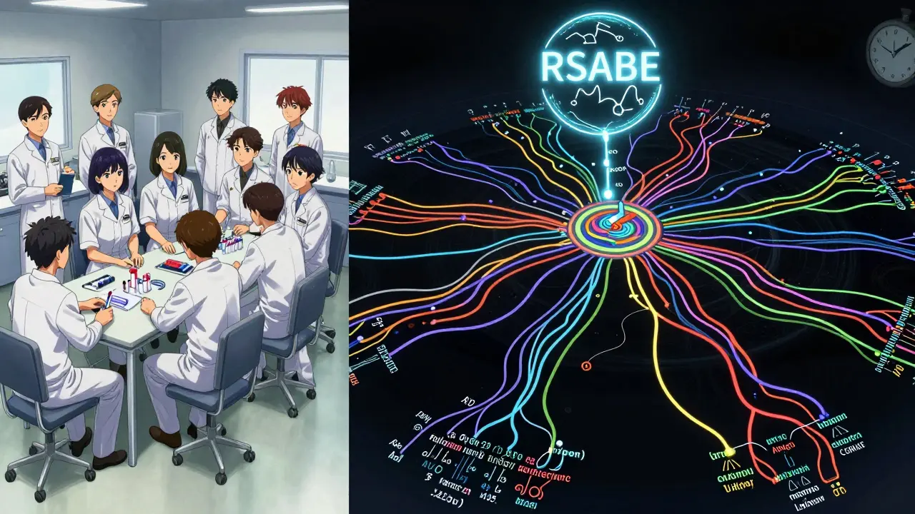Split scene: small pilot study on one side, personalized metabolic simulation on the other, with RSABE formula floating above.