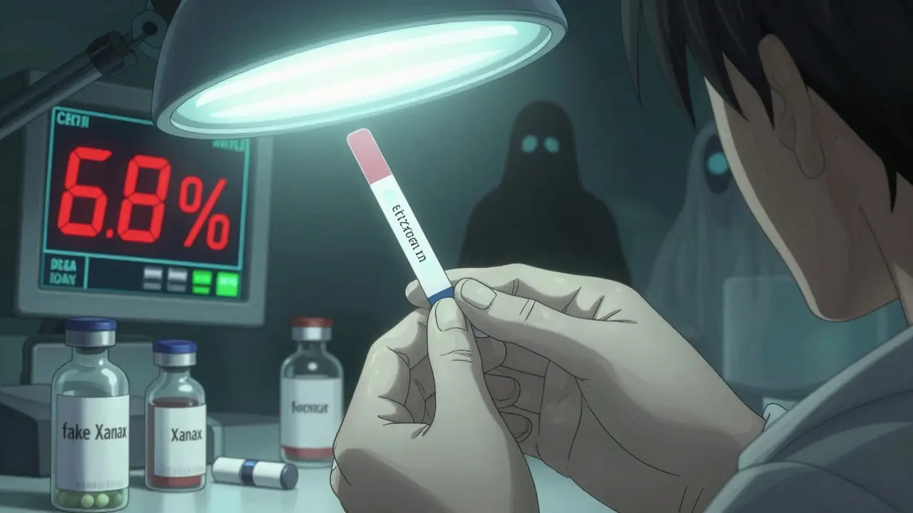 Toxicology lab technician analyzing a urine test showing synthetic benzodiazepines and fentanyl.