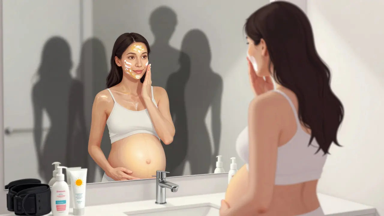 Woman applying mineral sunscreen in mirror, glowing protective barrier as risky products fade away.