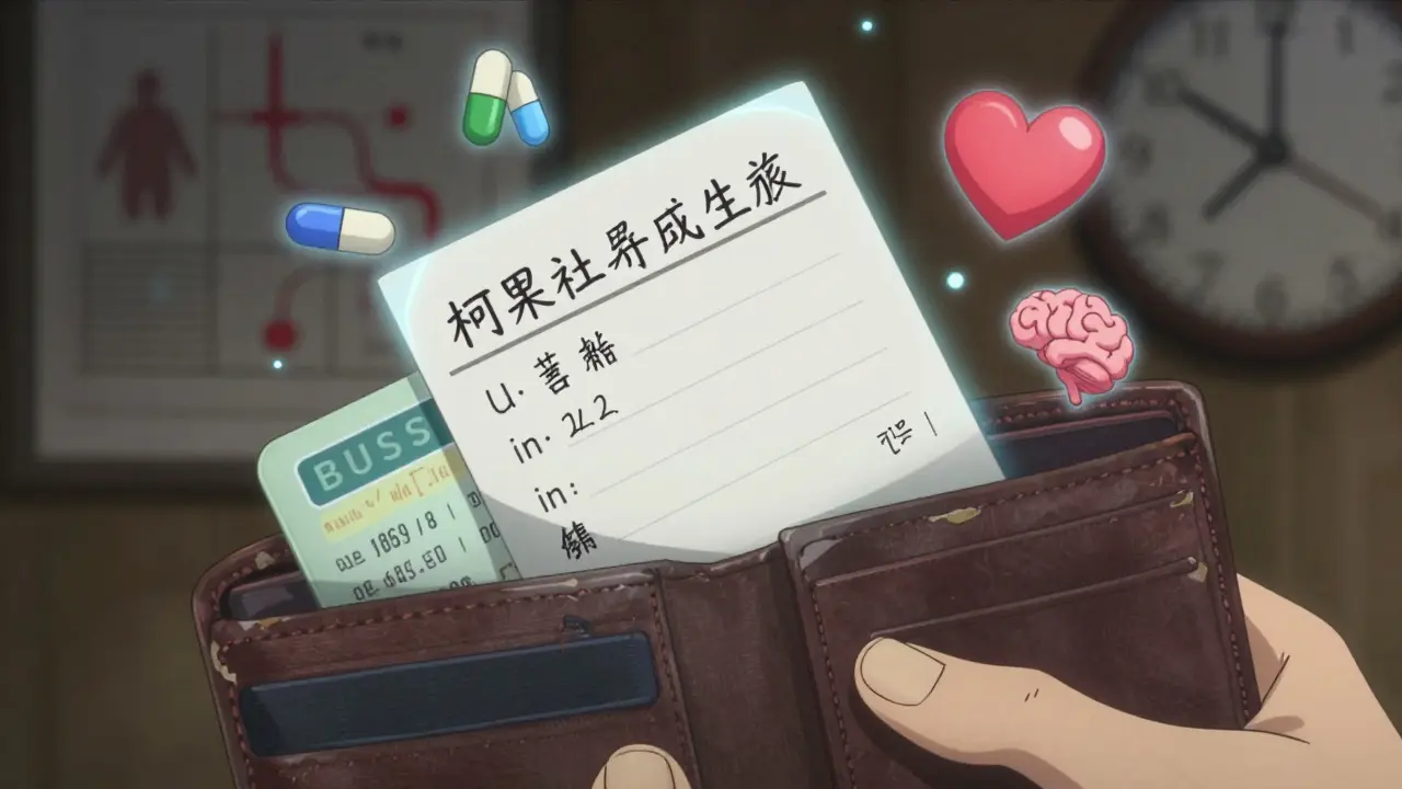 Worn wallet opening to reveal a vital handwritten medication list as a lifeline.