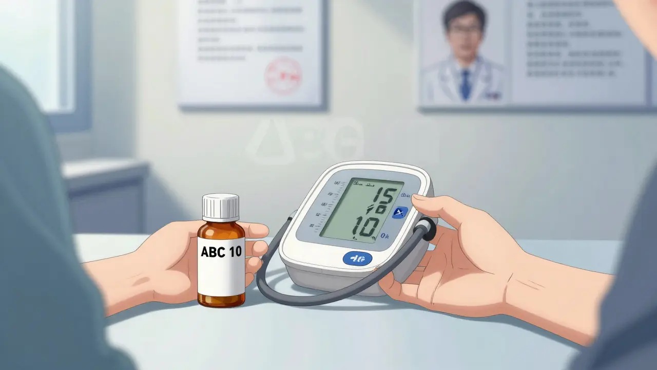A patient’s hand holding a blood pressure monitor with stable readings beside a pill bottle labeled with a generic code, matching the original brand’s pill appearance.
