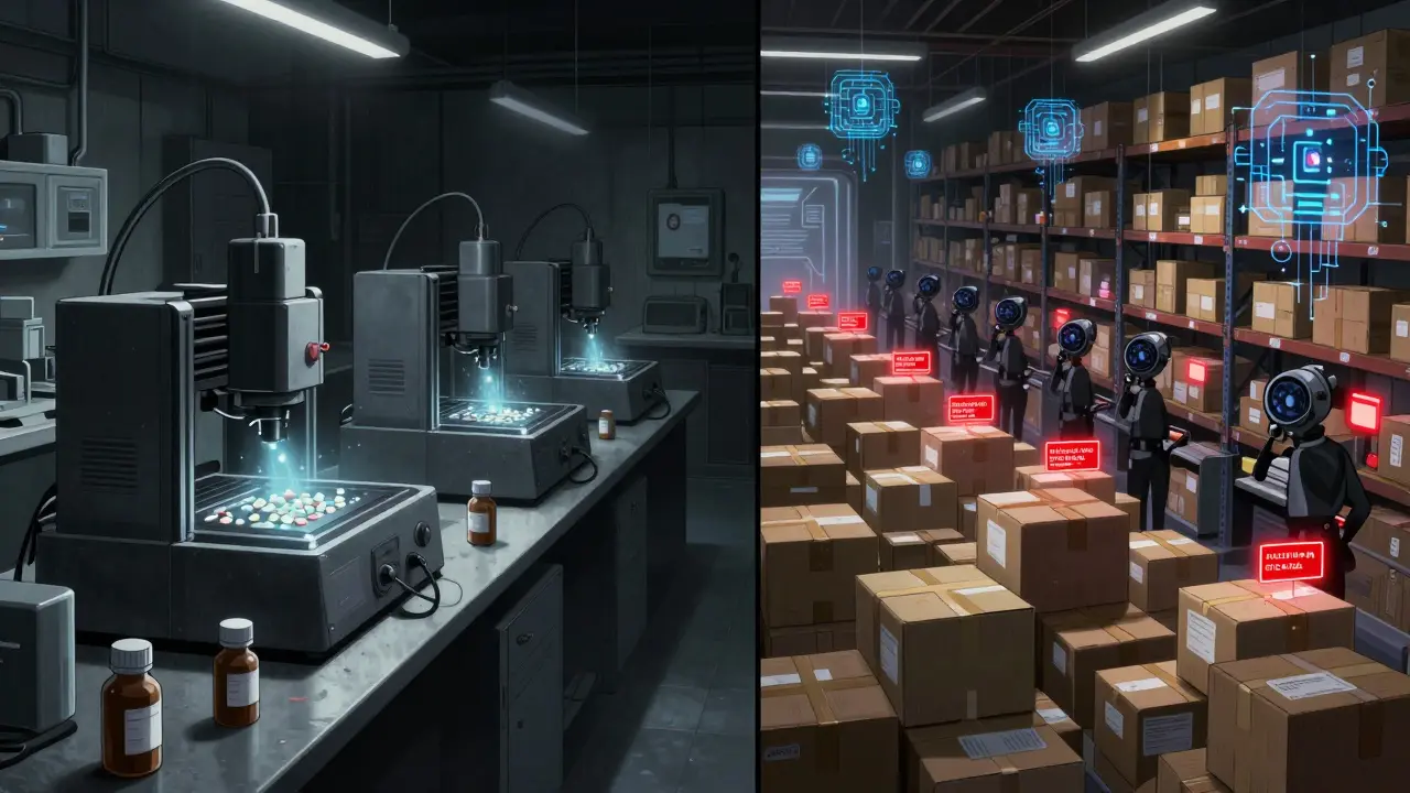 A split scene: a counterfeit lab on one side, an AI-scanning warehouse on the other, with glowing blockchain circuits in the air.