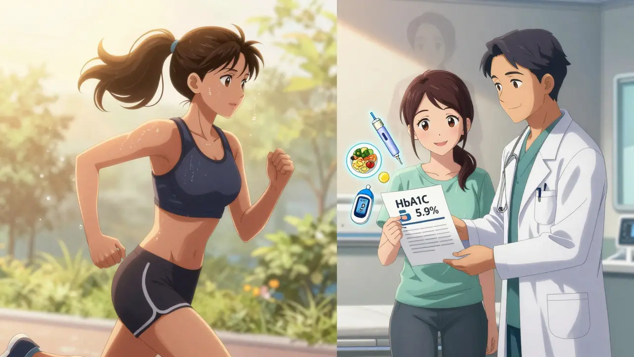 A woman jogging at sunrise, with her healthier future self receiving good test results in a clinic.