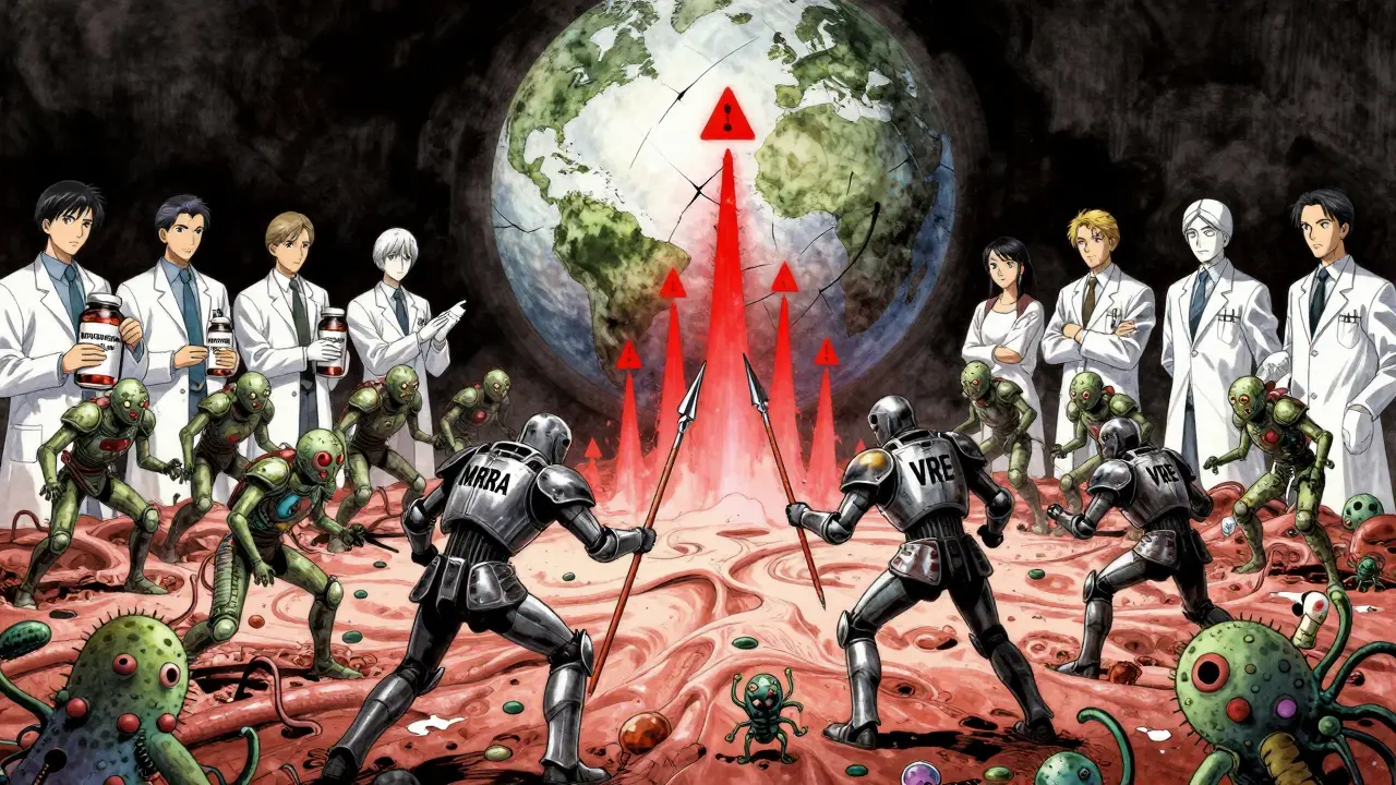 Battle inside the body between drug-resistant bacteria and vancomycin warriors, with doctors discarding unnecessary antibiotics.