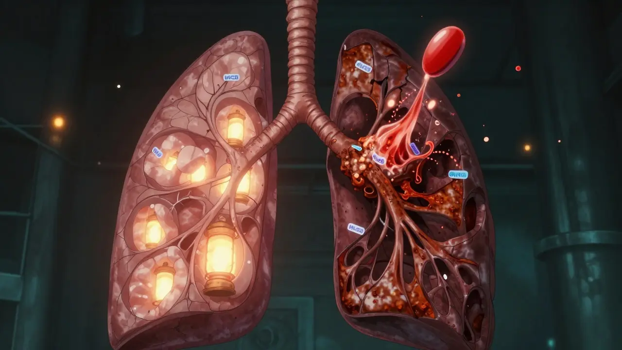 Cross-section of healthy vs. scarred lungs, with a pill releasing healing energy to slow fibrosis.