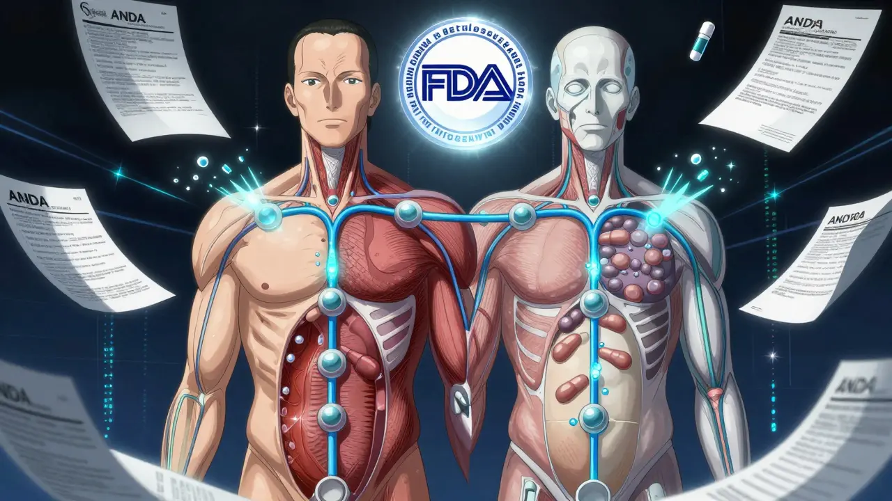 Cross-section of human body showing identical drug pathways for brand and generic medications.