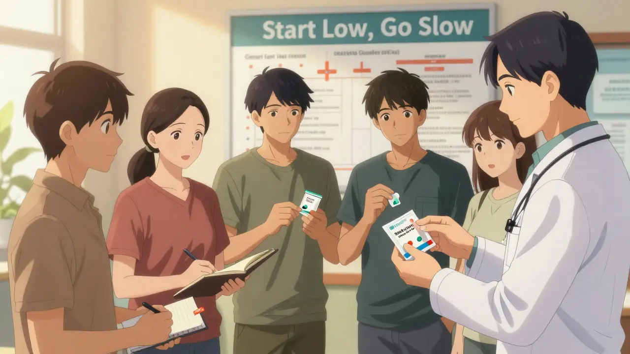 Diverse individuals receiving naloxone kits and guidance in a clinic, illuminated by warm light.