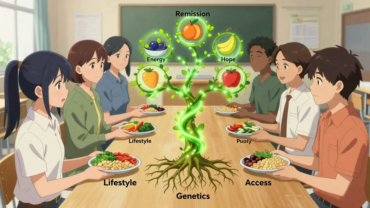 Diverse people at a table eating balanced meals, with glowing vines forming a tree of health and hope.