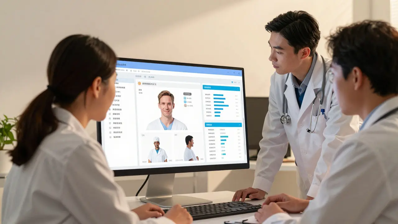 Healthcare team collaborating around shared electronic health record system displaying integrated patient data.