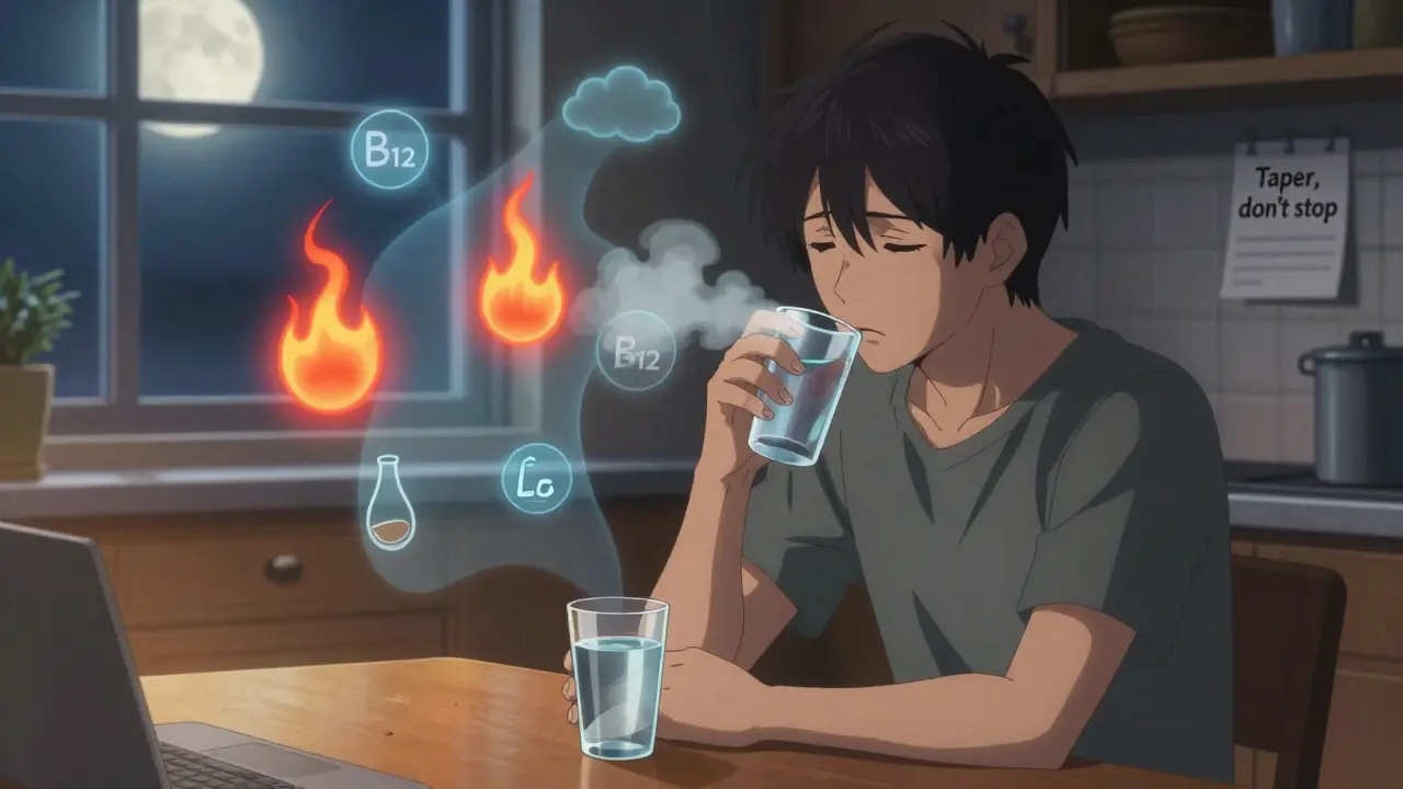 Patient at midnight with ghostly symptoms of acid reflux and nutrient loss, moonlight casting soft glow over the scene.