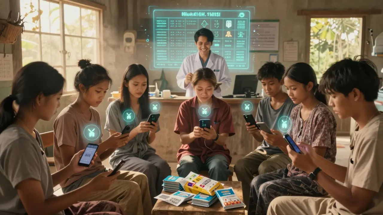 Patients in a rural clinic tapping phones to verify medicine, holograms floating above devices, warm light filtering through windows.