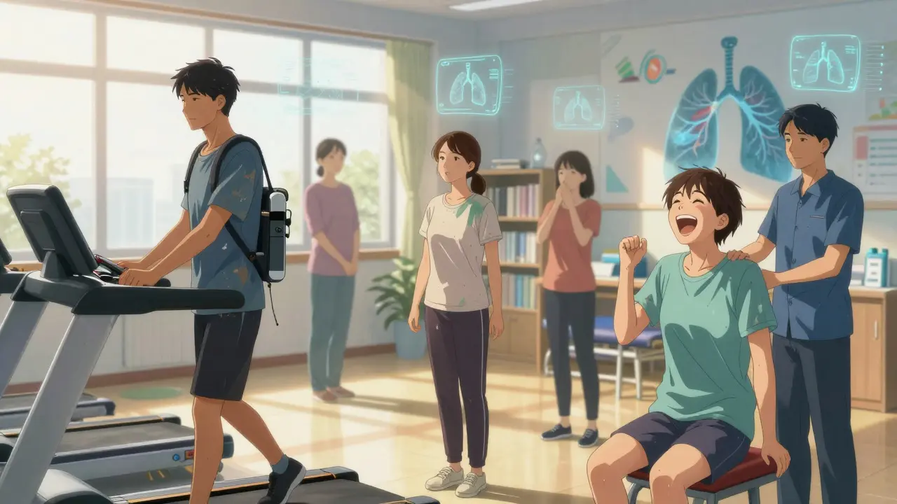 Patients in pulmonary rehab, breathing and moving with hope, glowing lung metrics above them.