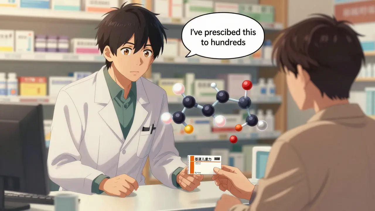 Pharmacist confidently reassures a hesitant patient about switching to a generic drug.