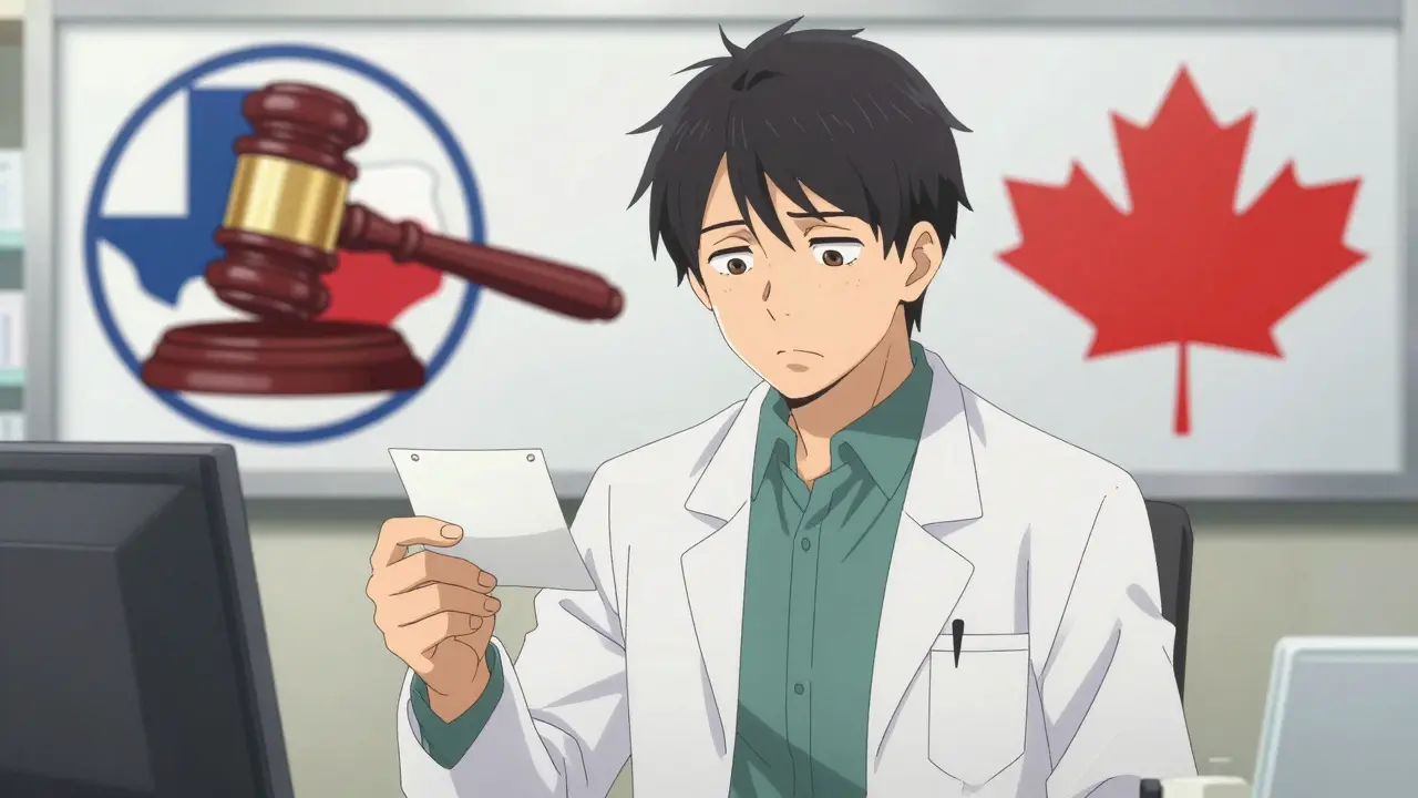 Pharmacist confused by conflicting state law symbols in background