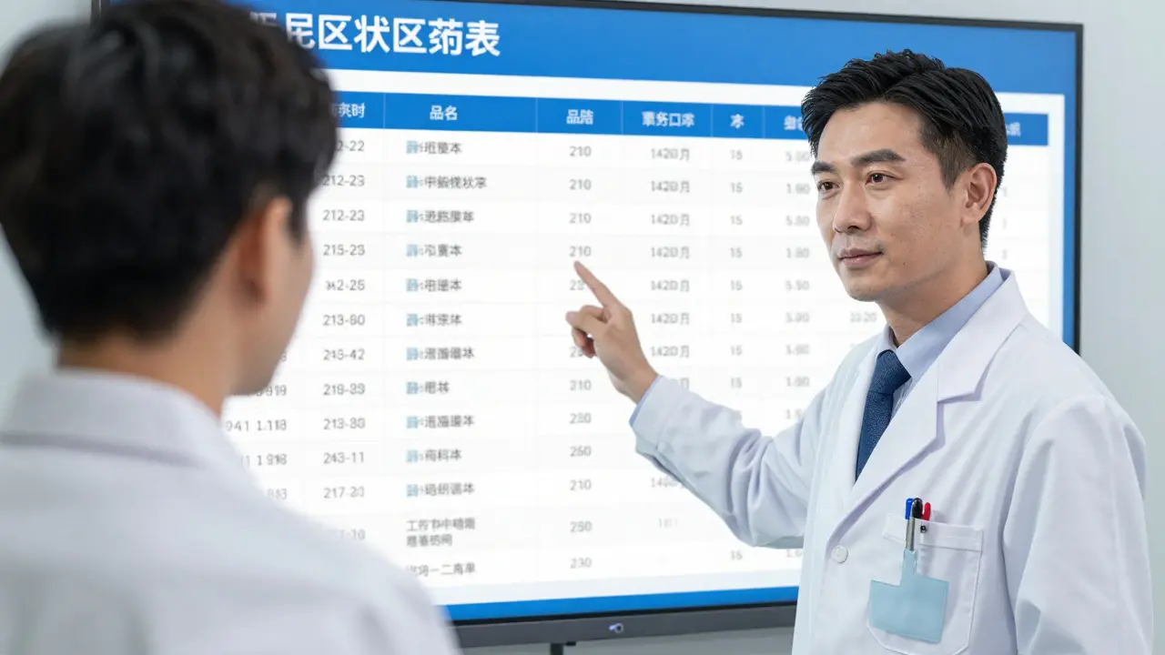 Pharmacist reviewing medication records on digital screen comparing hospital and community prescriptions.
