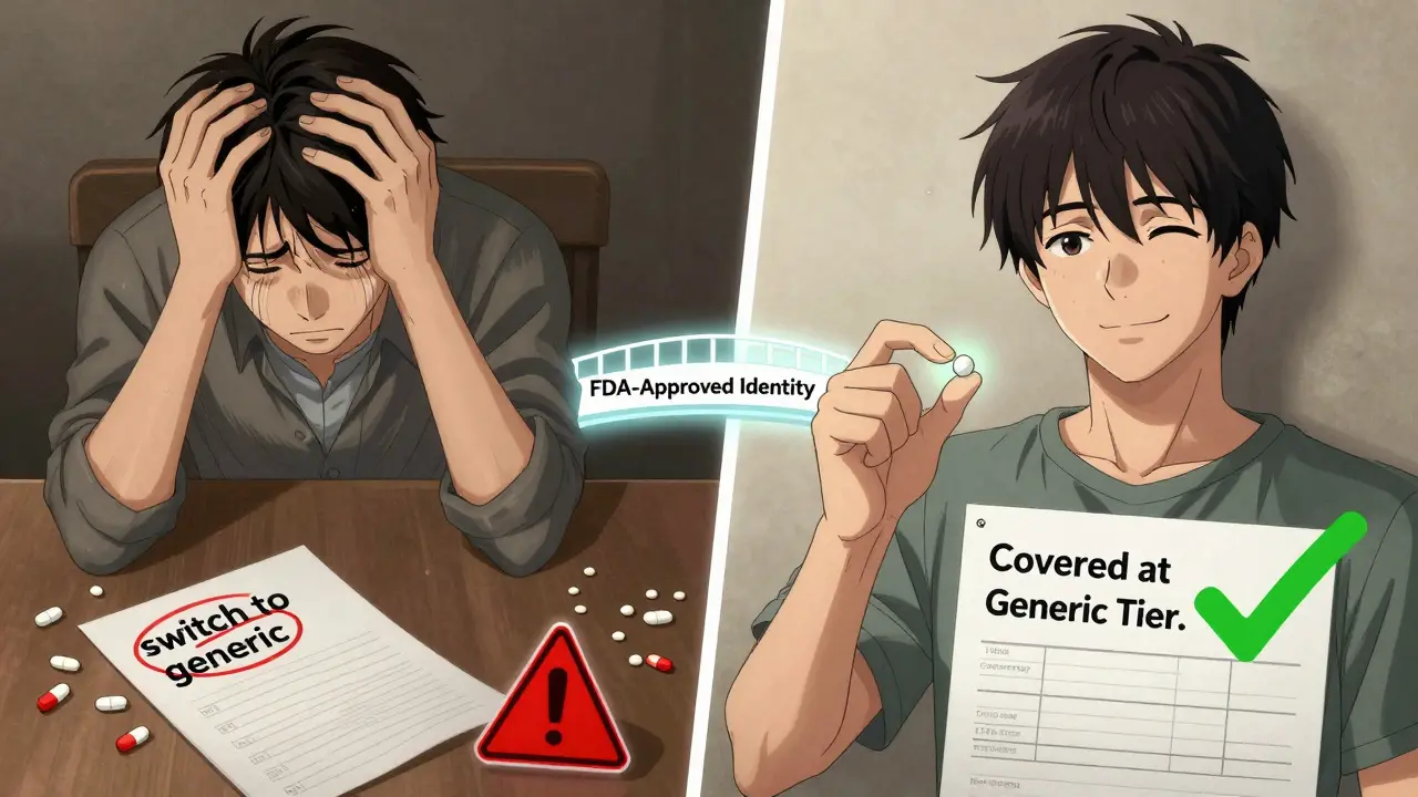 Split-panel illustration contrasting patient stress before switching to an authorized generic versus calm confidence after, connected by a glowing bridge labeled 'FDA-Approved Identity'.