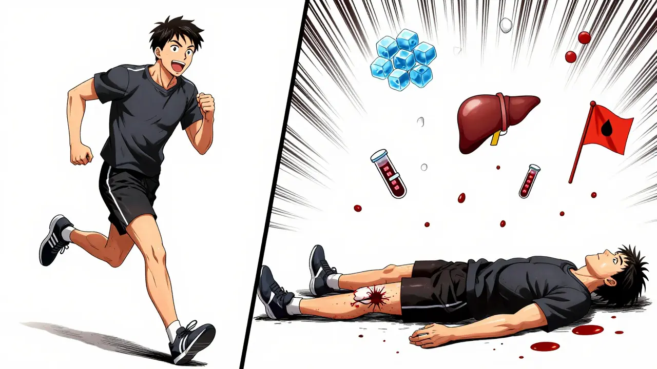Split scene: one side shows a man jogging happily, the other shows him collapsed with a torn tendon.