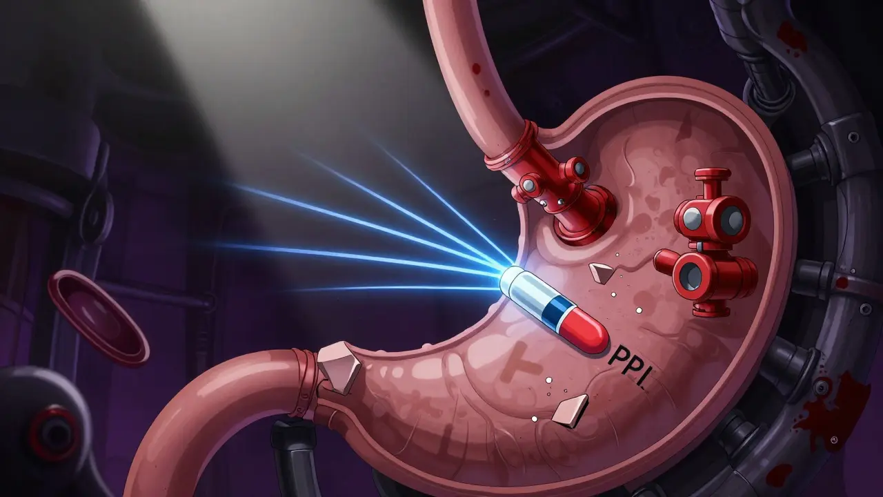 Surreal stomach interior with acid pumps shut down by PPI and histamine signals fading as H2 blocker becomes ineffective.
