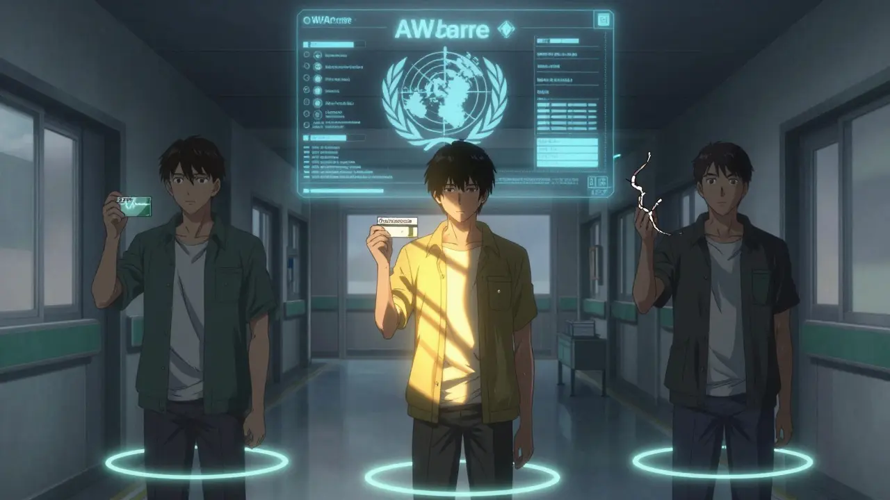 Three patients each experience different antibiotic side effects—heart rhythm, sunburn, and tendon rupture—under a ghostly WHO chart.